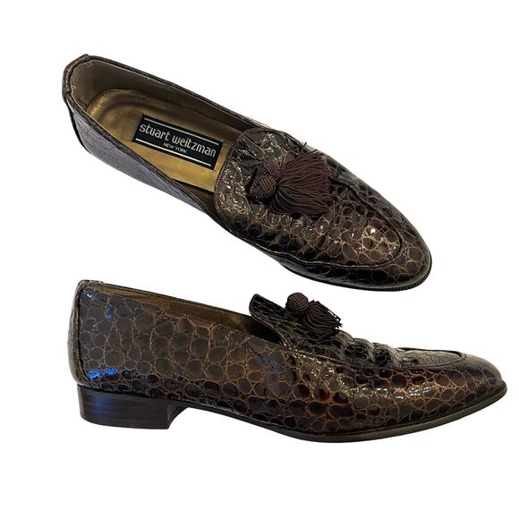 VTG Stuart Weitzman Tassel Loafers Women 9 N Crocodile Embossed Brown Academia - Picture 1 of 16